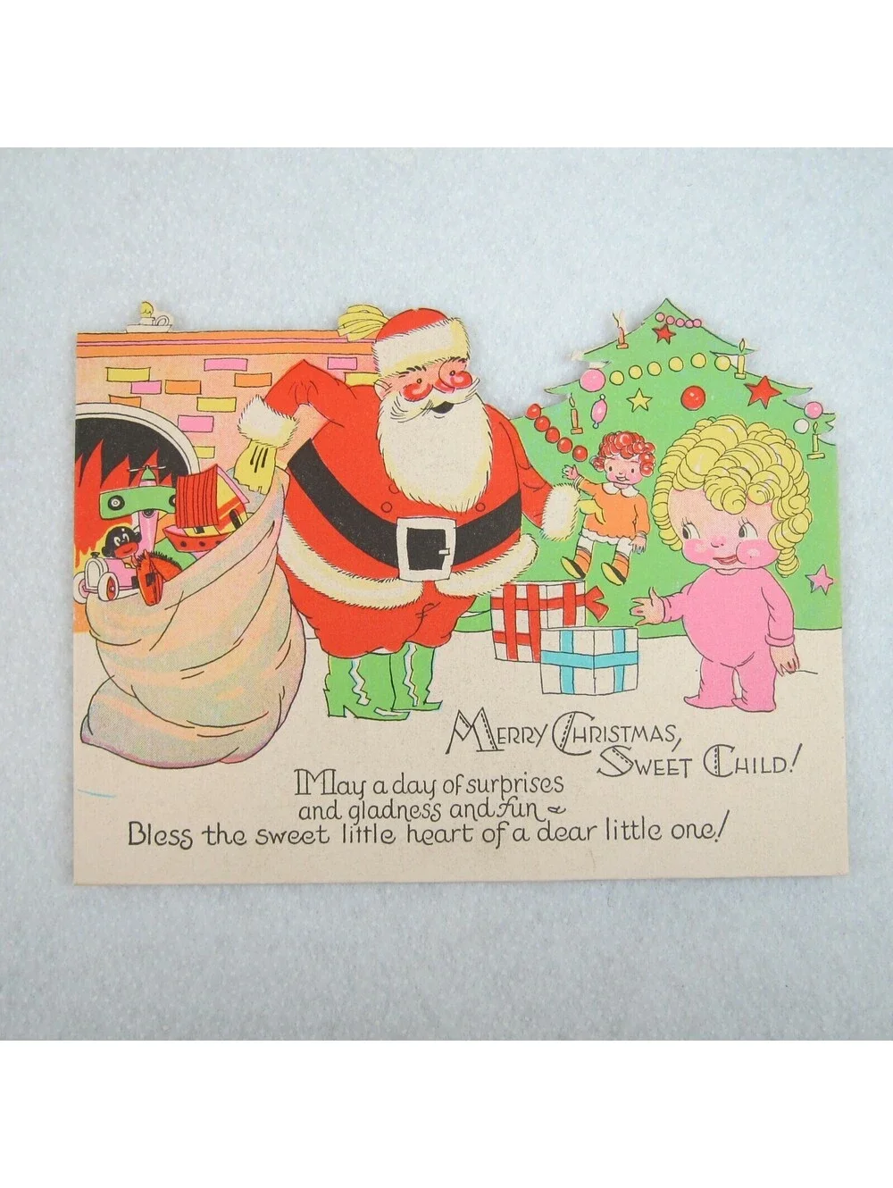 Vintage Christmas Card & Envelope Kewpie Style Girl & Santa Toys Tree Fireplace